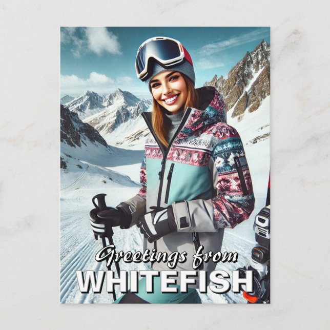Grüße von Whitefish Montana Skier Travel Postkarte (Vorderseite)