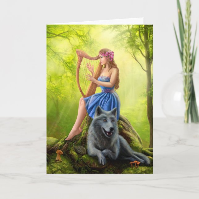 Grußkarte, Fantasy Girl Fee und Freund Wolf Karte (Vorderseite)