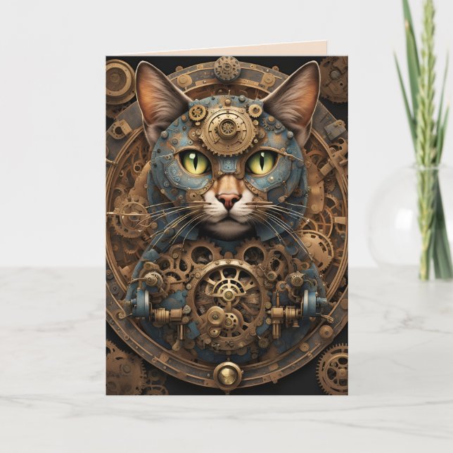 Grußkarte für blaue Steampunkkatze Karte (Vorderseite)