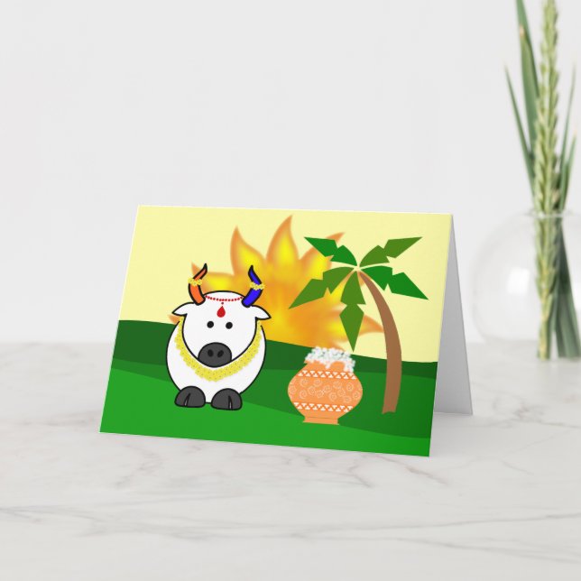 Grußkarte für Pongal, Kuh und Baum Karte (Vorderseite)