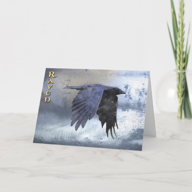 Grußkarte "Gliding Black Raven on Steel Look" Karte (Vorderseite)
