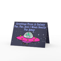 Grußkarte mit Alien, Raumschiff und Saturn