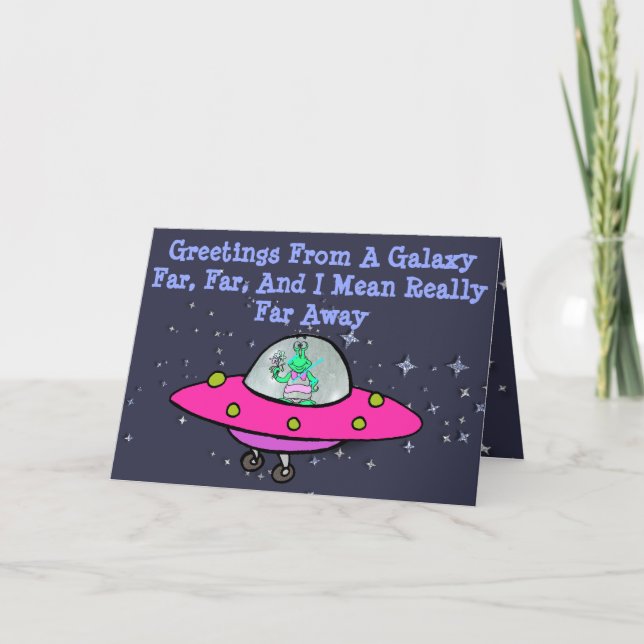Grußkarte mit Alien, Raumschiff und Saturn Karte (Vorderseite)