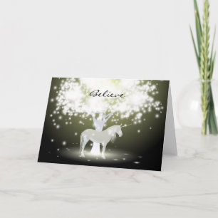 Grußkarte mit fluoreszierendem Baum und Einhorn Karte