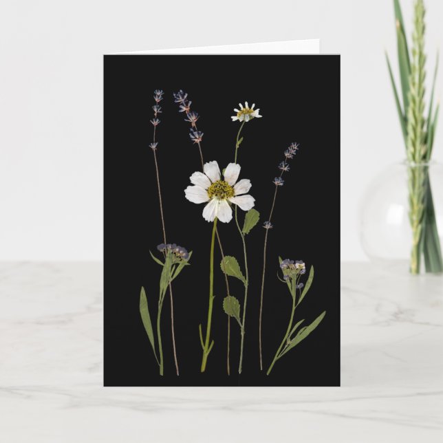 Grußkarte mit gepressten Blumen in Schwarz Karte (Vorderseite)