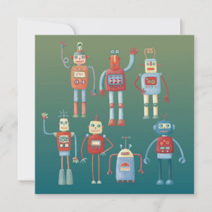 Grußkarte mit niedlichen Retro-Robotern im Stil de