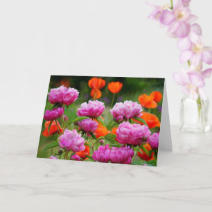 Grußkarte - rosa Pfingstrosen & orange Mohnblume Karte