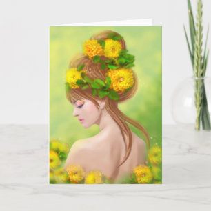 Grußkarte schöne Frau in gelben Blumen Karte