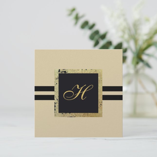 Grußkarte Schwarz und Tan Monogram (Stehend Vorderseite)