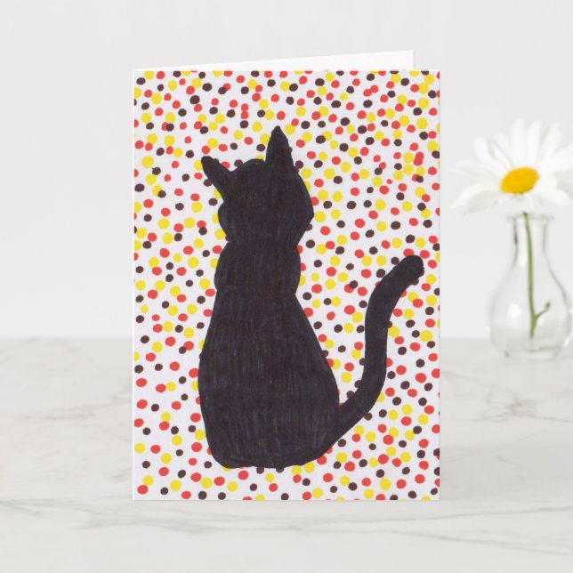 Grußkarte - Schwarze Katze gegen farbige Punkte Karte (Kleine Pflanze)