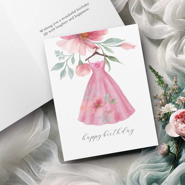 Grußkarten für Wasserfarben zum Geburtstag Dankeskarte (Greeting cards happy birthday pink floral dress watercolor art Victoria Grigaliunas DoTellABelle)