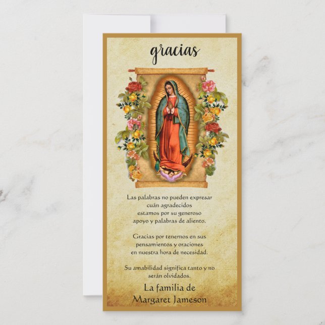 Guadalupe Jungfrau Mary Beerdigung Beileid Spanisc Dankeskarte (Vorderseite)