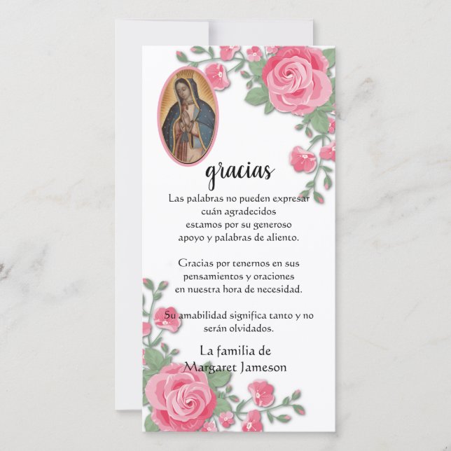 Guadalupe Jungfrau Mary Funeral Beileid Spanisch T Dankeskarte (Vorderseite)