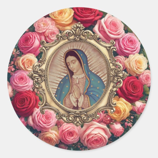 Guadalupe Rose Religiöse Elegant Runder Aufkleber (Vorderseite)