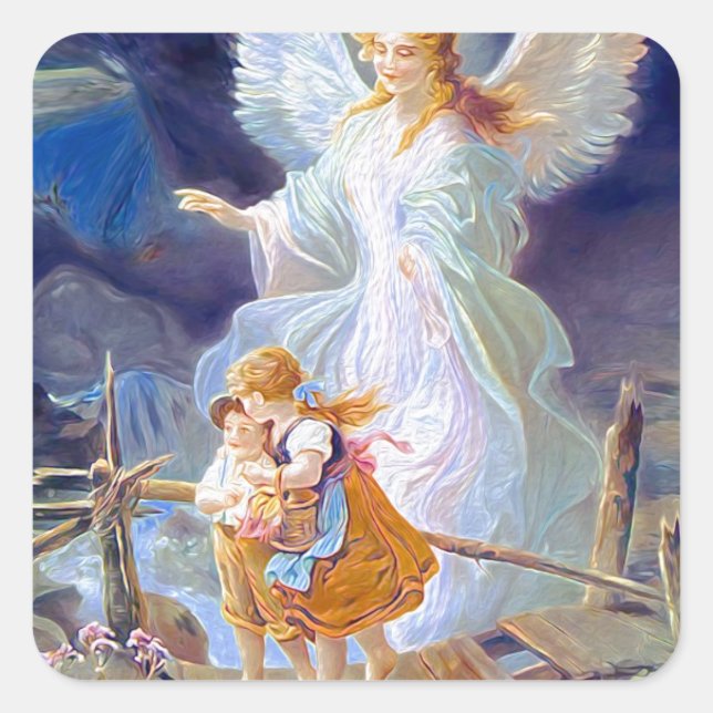 Guardian Angel, Kinder und Brücke Quadratischer Aufkleber (Vorderseite)