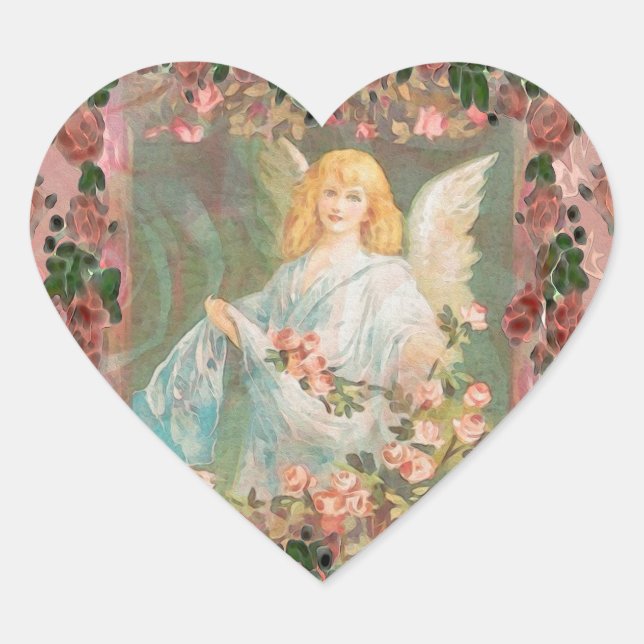 Guardian Angel mit rosa Rosen Herz-Aufkleber (Vorderseite)