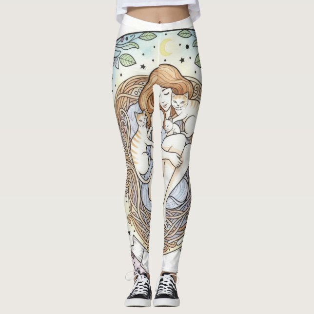 Guardian Angel Mother and Baby Cat Design Leggings (Devant)