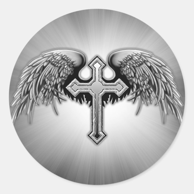 Guardian Angel Winged Cross Design Runder Aufkleber (Vorderseite)