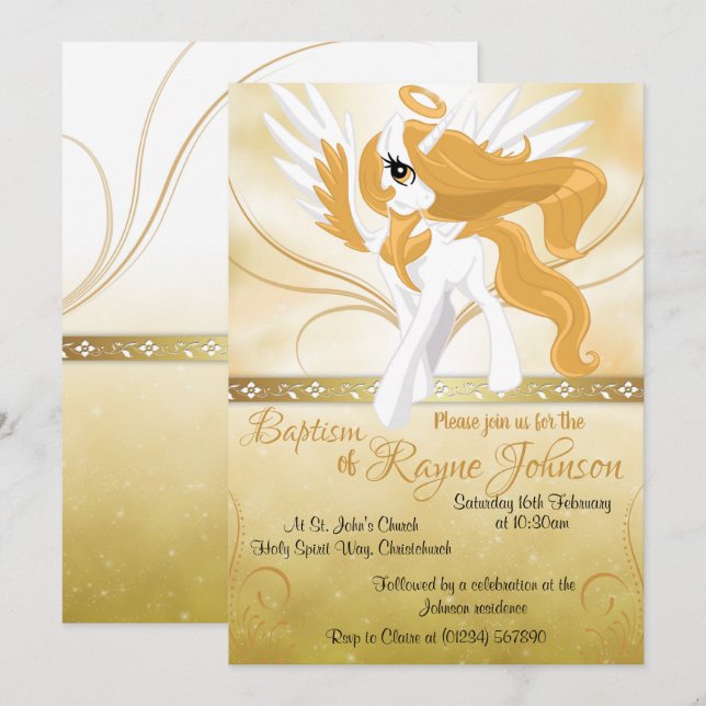 Guardian Angel Winged Unicorn Taufe Einladung (Vorne/Hinten)