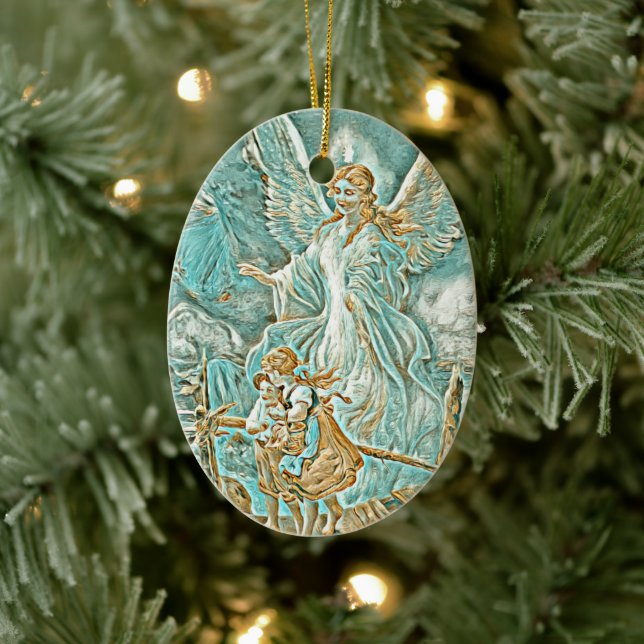 Guardian Engel, Children and Bridge Gold und Aquam Keramik Ornament (Baum)