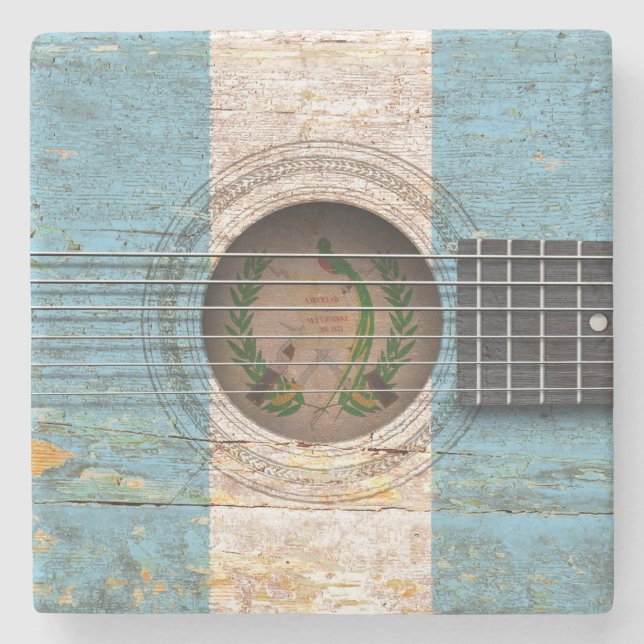 Guatemaltekische Flagge auf alter Akustikgitarre Steinuntersetzer (Vorderseite)