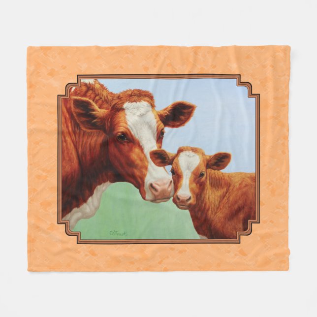 Guernsey Calf und Mutter Kuh Peach Fleecedecke (Vorderseite (Horizontal))