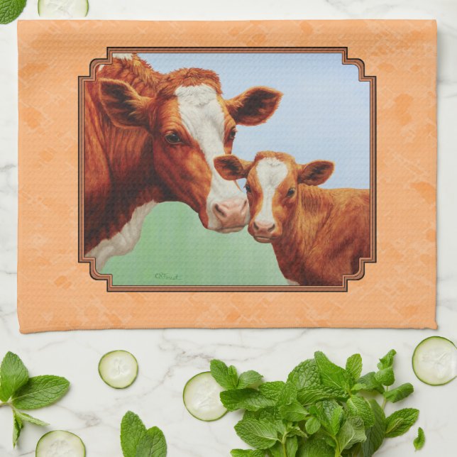 Guernsey Calf und Mutter Kuh Peach Geschirrtuch (Gefaltet)