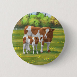 Guernsey Kuh & Niedlich Calf im Sommer Weide Button