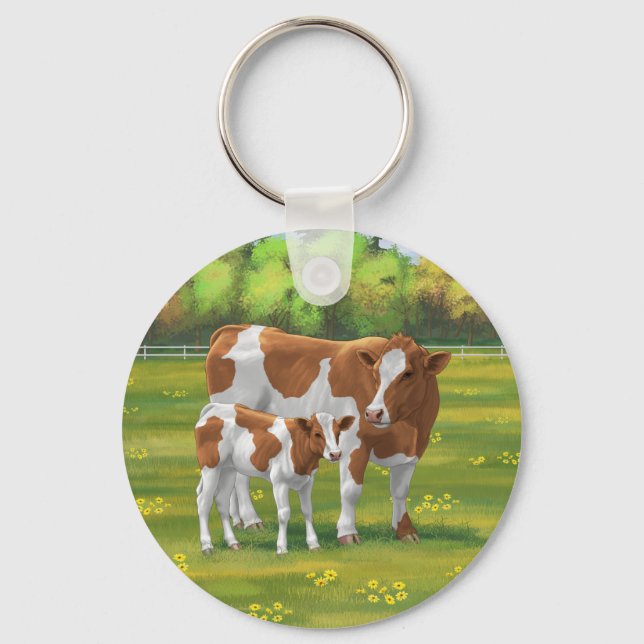 Guernsey Kuh & Niedlich Calf im Sommer Weide Schlüsselanhänger (Vorderseite)