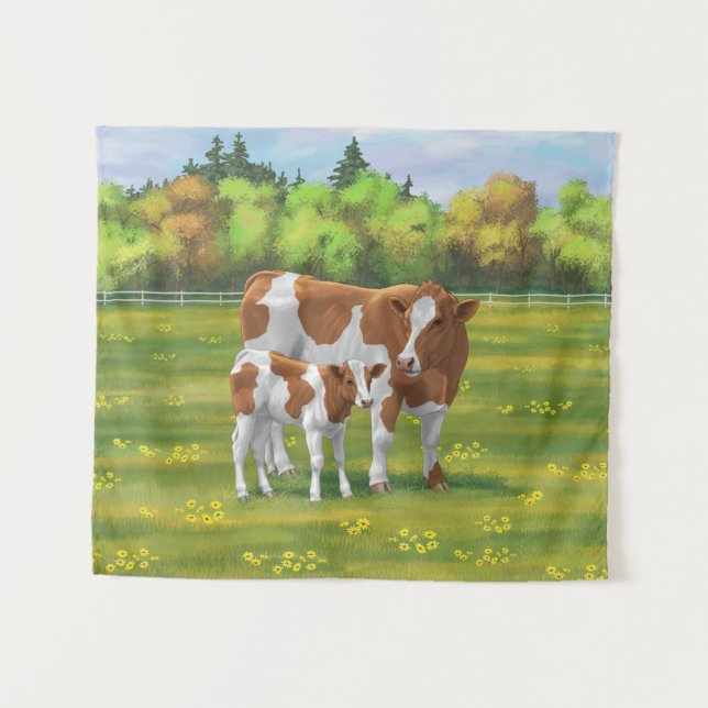 Guernsey Kuh & Niedlich Calf im Sommer Weide Wandteppich (Vorderseite (Horizontal))