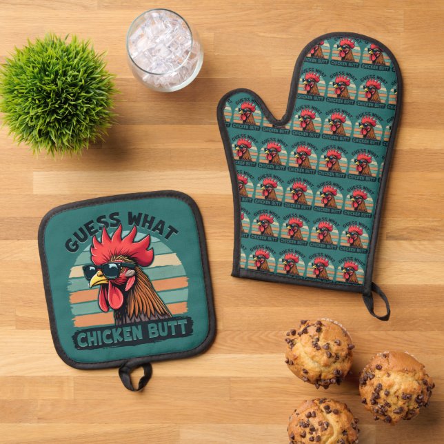 Guess What Chicken Butt Funny Retro Rooster Ofenhandschuh & Topflappen-Set (Oben Unten)
