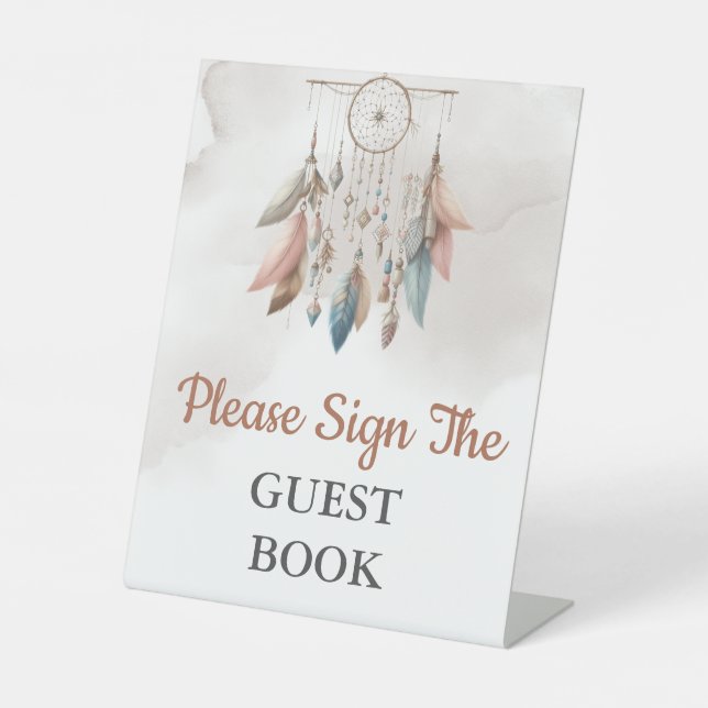 Guest Book Baby Shower Dreamcatcher Boho Pastel Sockelschild (Vorderseite)