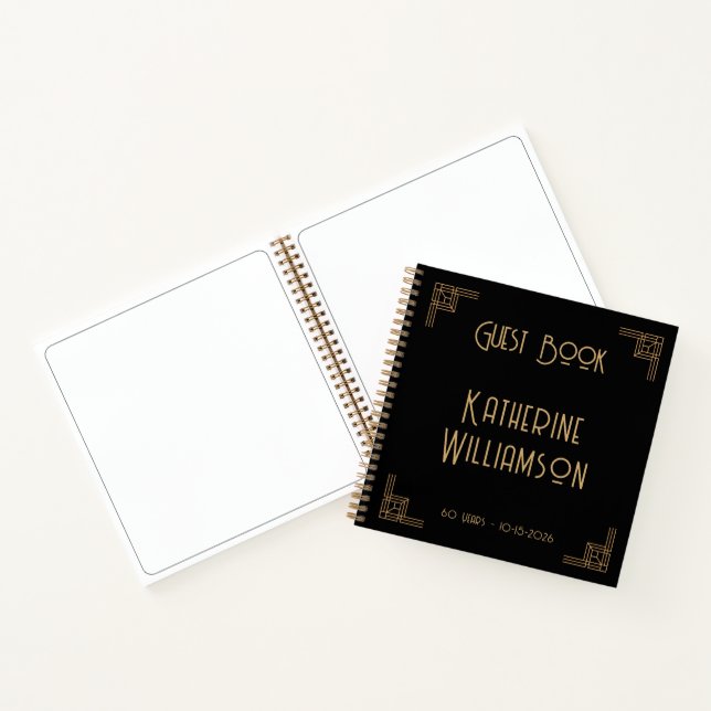 Guest Book Birthday Black Gold Art Deco Notizbuch (Innenseite)