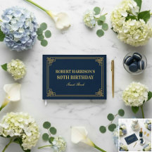 Guest Book Chic Navy Gold 80th Birthday