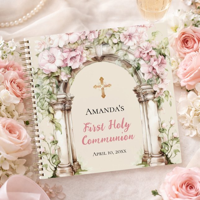 Guest book First Communion pink florals arch Notizbuch (Von Creator hochgeladen)
