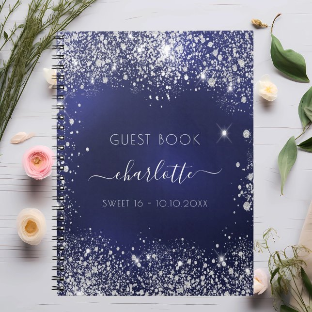 Guest book Sweet 16 navy blue silver glitter Notizblock (Von Creator hochgeladen)