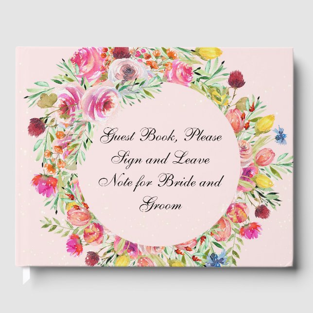 Guest Book with Pink Floral Wreath Gästebuch (Vorderseite)