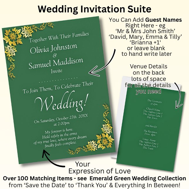 Guest Names, Emerald Green & Gold Wedding  Einladung (Von Creator hochgeladen)