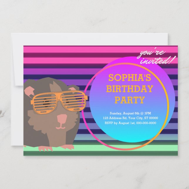 Guinea Pig Birthday, Reto 80er Einladung (Vorderseite)