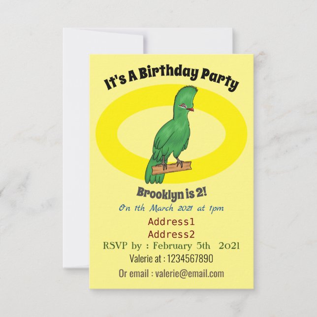 Guinea Turaco Vogel Cartoon Illustration Einladung (Vorderseite)