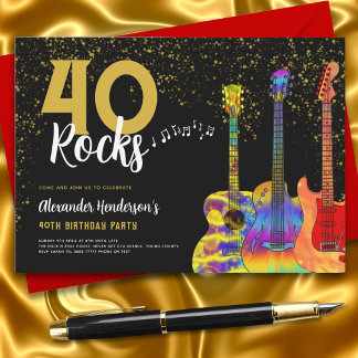Guitar 40. Geburtstag Party Black and Gold Glitzer Einladung