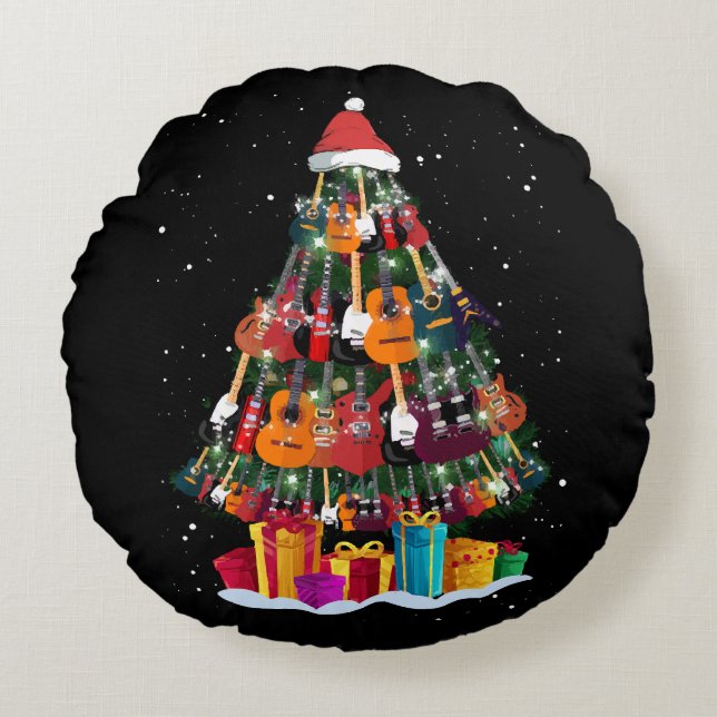 Guitar Christmas Tree Funny Rundes Kissen (Vorderseite)