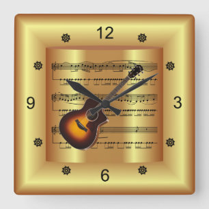 Guitar - Curved Sheet Music - Gold Background Quadratische Wanduhr