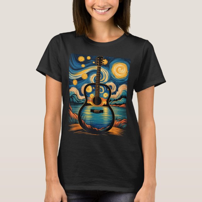 Guitar Lake Starry Night Music Guitarist Van Gogh  T-Shirt (Vorderseite)