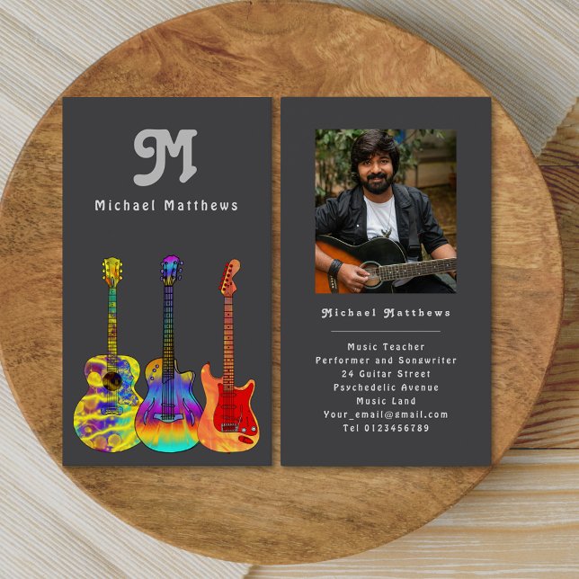 Guitar Music Teacher Custom Foto Business Card Visitenkarte (Retro guitar music tutor custom photo business card)