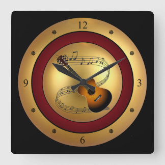 Guitar~Musical Scroll~Gold/Maroon/Black Quadratische Wanduhr