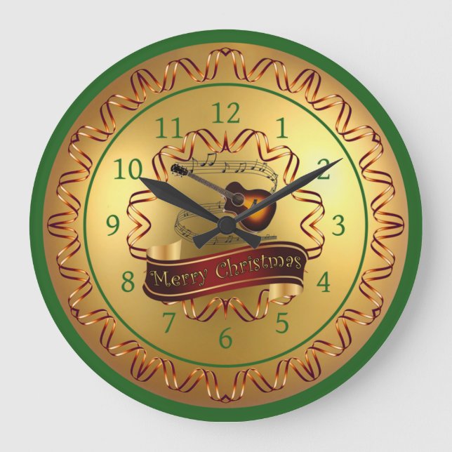 Guitar - Musical Scroll - Merry Christmas Große Wanduhr (Vorderseite)