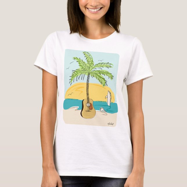 Guitar Palm bei Sunset am Strand T-Shirt (Vorderseite)