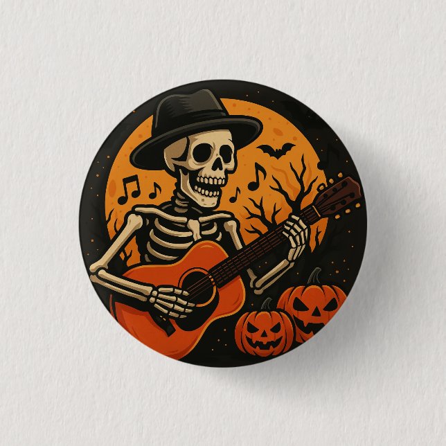 Guitar-Playing Skull Halloween Button (Vorderseite)