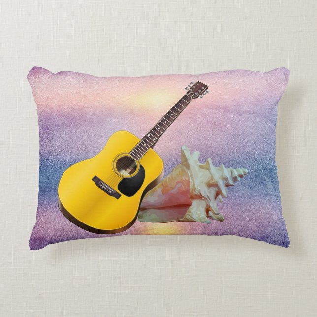 Guitar & Seashell Lila Beach Sunset Dekokissen (Vorderseite)